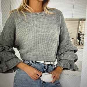 Ruffle Sleeves Round Neck Sweater Color: Grey)